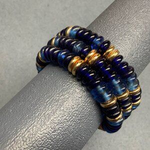 Retro Memory Wire Wrap Bracelet Translucent Blue Gold Beaded Vintage Bohemian